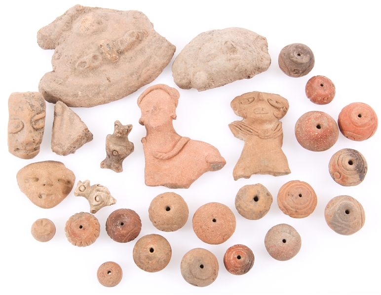 FIGURAL POTTERY SHERDS AND INCISED BEADS LOT OF 26