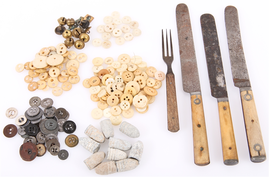 MID TO LATE 19TH C. BUTTONS, BULLETS, & CUTLERY LOT