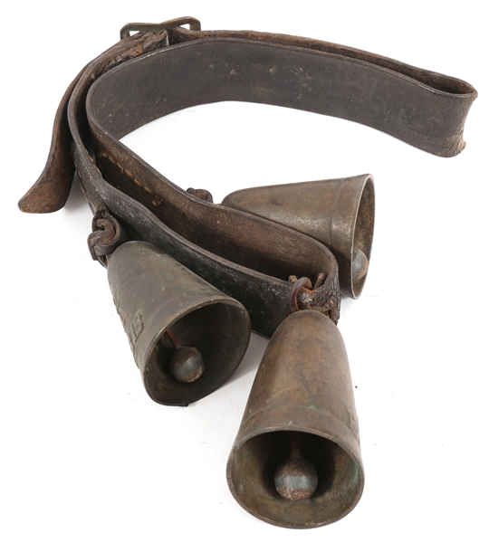BRASS COW BELLS ON LEATHER COLLAR