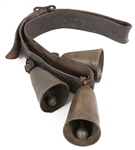 BRASS COW BELLS ON LEATHER COLLAR