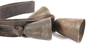 BRASS COW BELLS ON LEATHER COLLAR