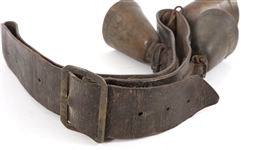 BRASS COW BELLS ON LEATHER COLLAR