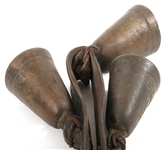 BRASS COW BELLS ON LEATHER COLLAR