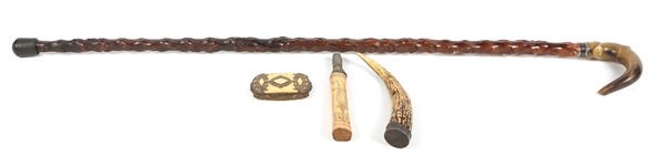 GENTLEMANS CANE, STERLING CAP ANTLER & COIN PURSE