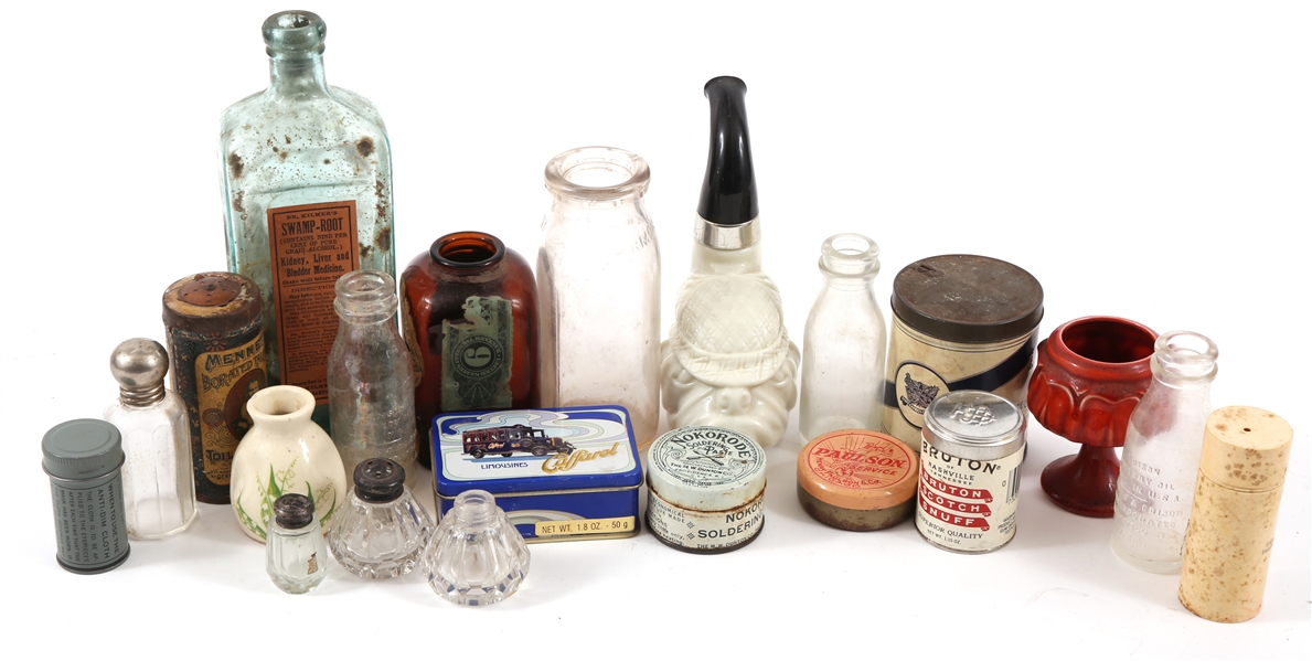 APOTHECARY BOTTLES, TINS, GLASS, & CERAMIC ITEMS