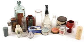 APOTHECARY BOTTLES, TINS, GLASS, & CERAMIC ITEMS