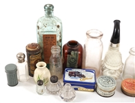 APOTHECARY BOTTLES, TINS, GLASS, & CERAMIC ITEMS