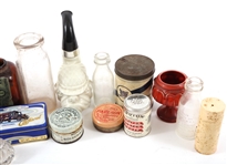 APOTHECARY BOTTLES, TINS, GLASS, & CERAMIC ITEMS