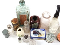 APOTHECARY BOTTLES, TINS, GLASS, & CERAMIC ITEMS