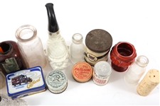 APOTHECARY BOTTLES, TINS, GLASS, & CERAMIC ITEMS