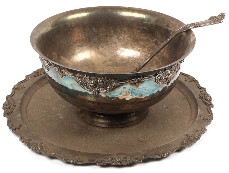 SILVER PLATE PUNCH BOWL, LADDLE, & TRAY LOT OF 3