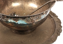 SILVER PLATE PUNCH BOWL, LADDLE, & TRAY LOT OF 3