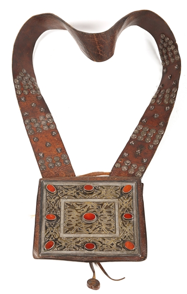 TURKMEN SILVER & CARNELIAN AMULET WITH LEATHER STRAP