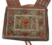 TURKMEN SILVER & CARNELIAN AMULET WITH LEATHER STRAP