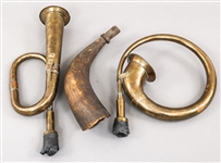 BRASS HUNTING HORN, BUGLE, & CATTLE HORN DOG CALL