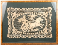 LATE 19TH C. FRAMED LACE SAMPLER OF A GLADIATOR