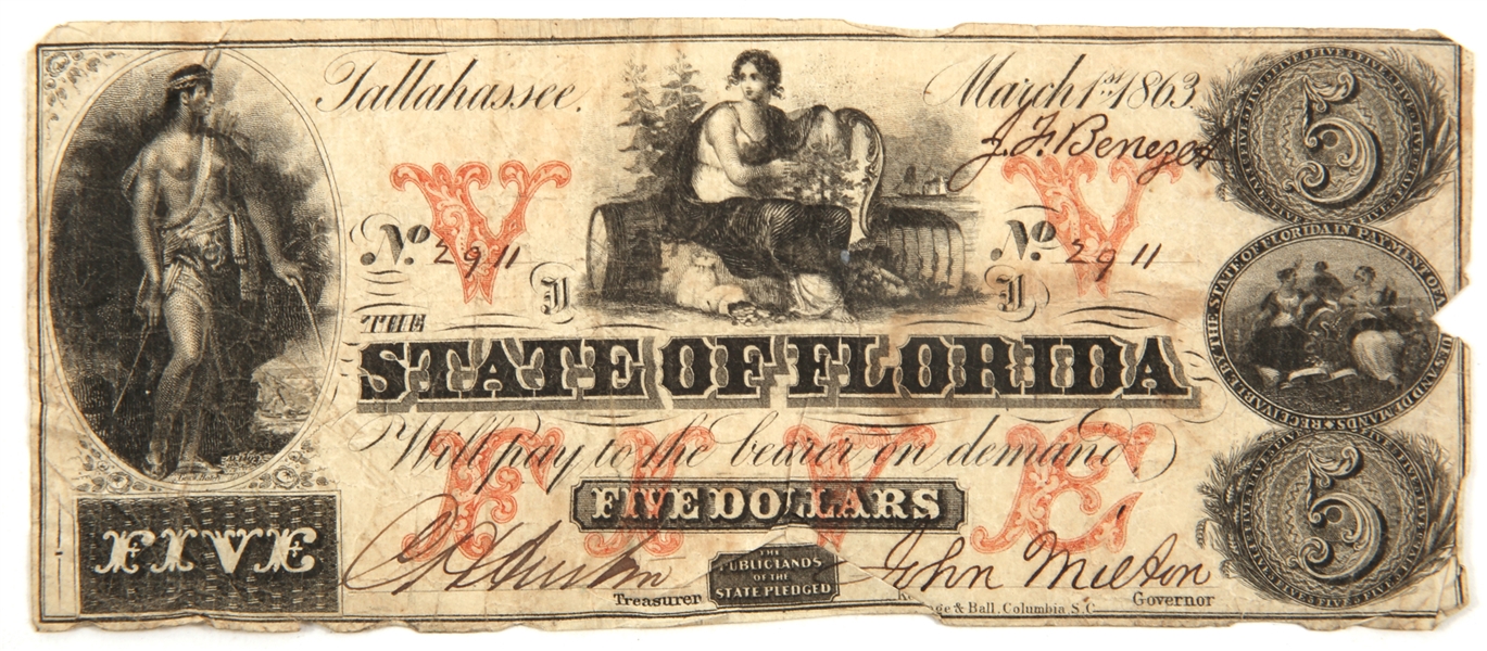1863 $5 STATE OF FLORIDA, TALLAHASSEE OBSOLETE BANKNOTE