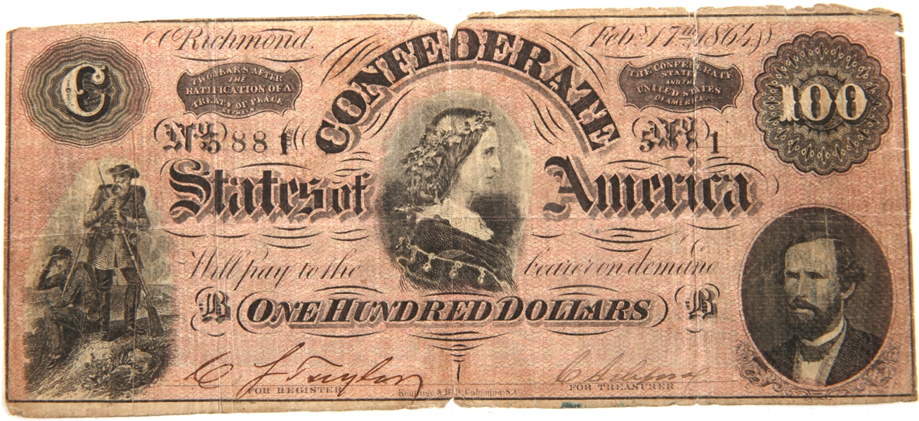 T65 1864 $100 CONFEDERATE RICHMOND OBSOLETE BANKNOTE
