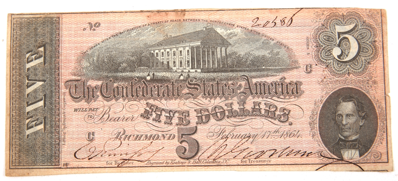 T69 1864 $5 CONFEDERATE RICHMOND OBSOLETE BANKNOTE