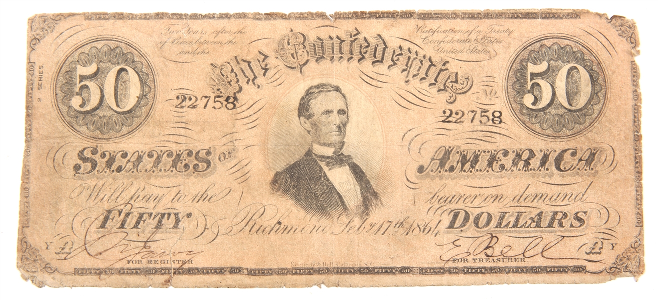 1864 $50 CONFEDERATE STATES OBSOLETE BANKNOTE