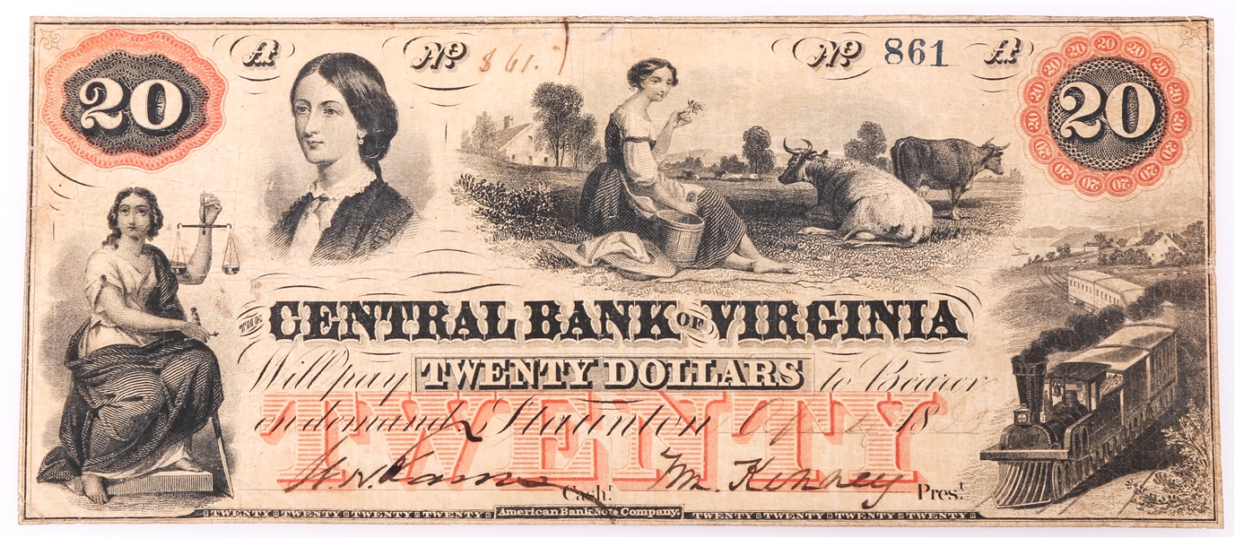 CENTRAL BANK VIRGINIA $20 OBSOLETE NOTE 1860