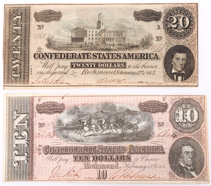 1864 $10 & $20 CONFEDERATE STATES AMERICA RICHMOND NOTE