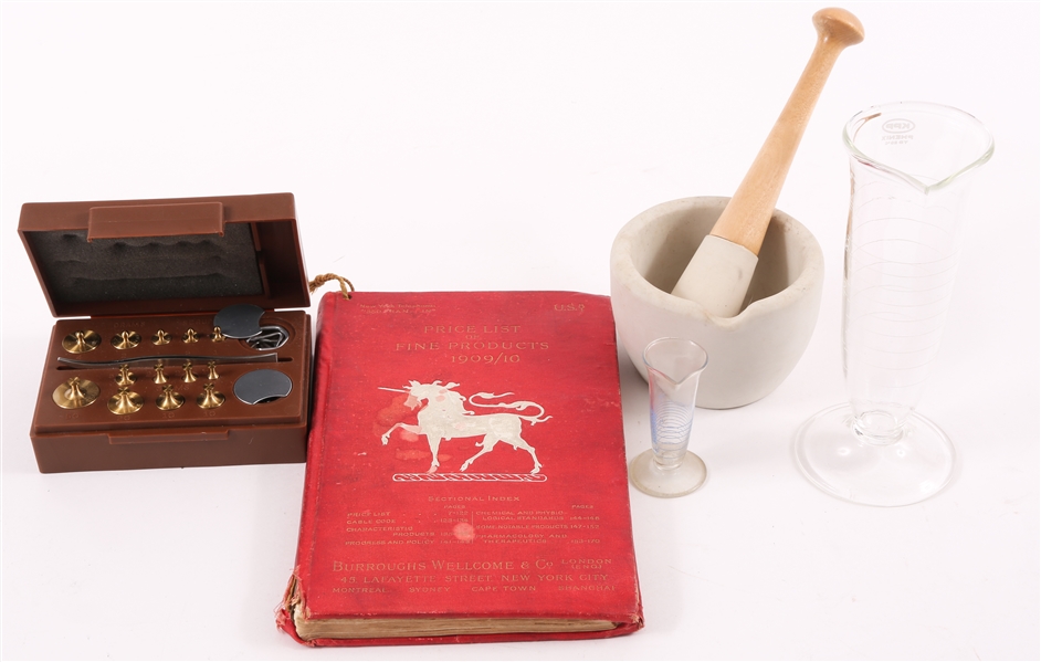 PHARMACY CYLINDERS, MORTAR & PESTLE, WEIGHTS, & BOOK