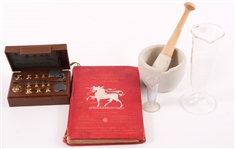 PHARMACY CYLINDERS, MORTAR & PESTLE, WEIGHTS, & BOOK