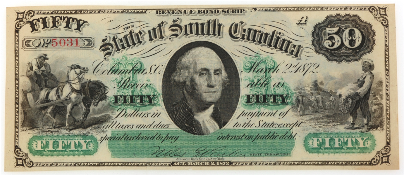 1872 $50 STATE OF SOUTH CAROLINA OBSOLETE BANK NOTE