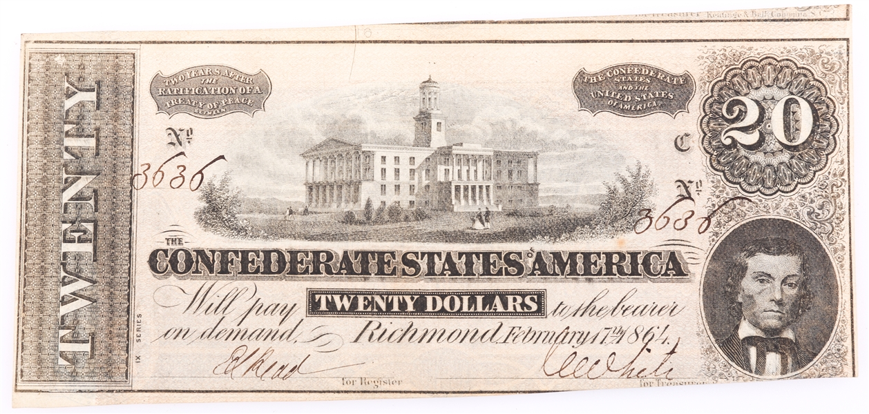 1864 $20 CONFEDERATE STATES RICHMOND OBSOLETE BANK NOTE