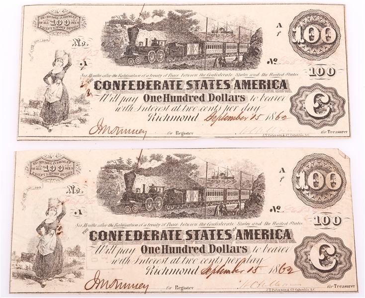 1862 $100 "TRAIN" CONFEDERATE STATES OBSOLETE BANKNOTES