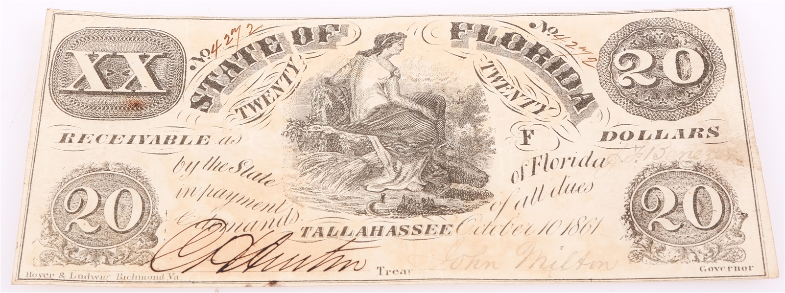 1861 $20 STATE OF FL, TALLAHASSEE OBSOLETE BANK NOTE