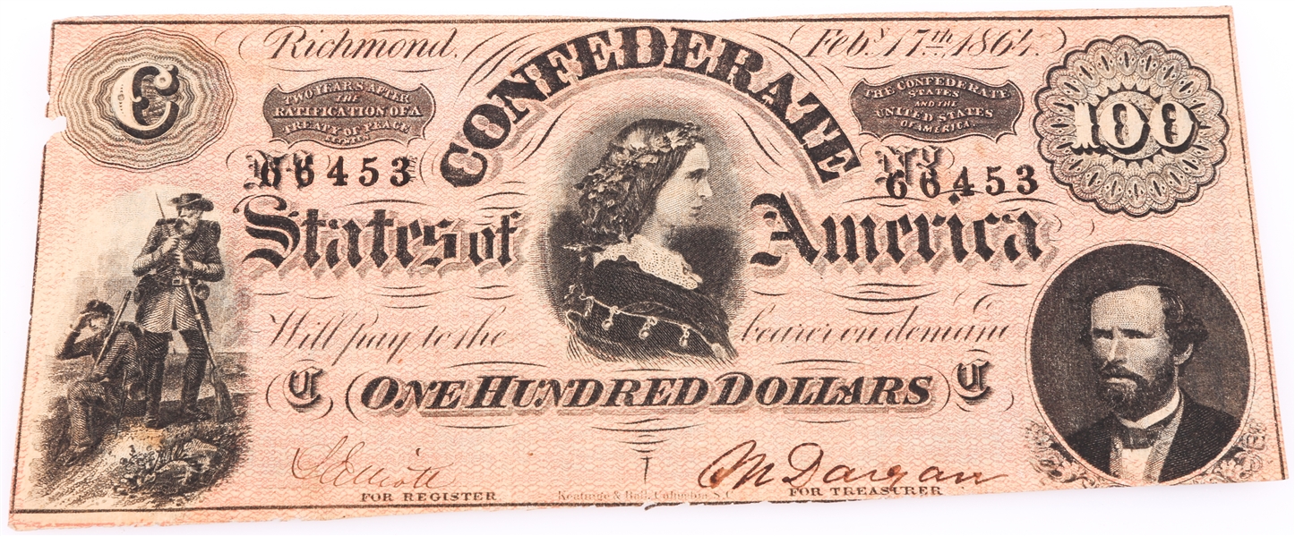 1864 $100 CONFEDERATE STATES RICHMOND OBSOLETE BANKNOTE