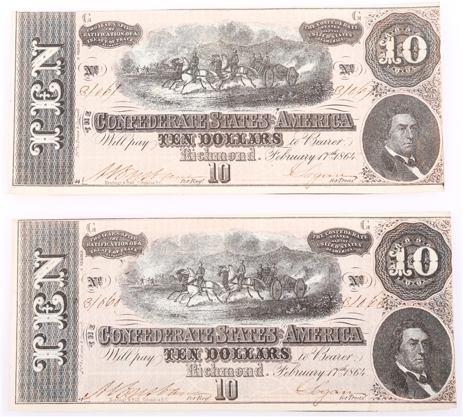 SEQUENTIAL 1864 $10 T-68 CSA OBSOLETE BANK NOTES