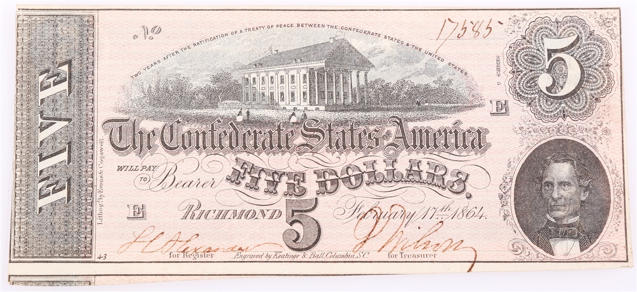 1864 $5 CONFEDERATE STATES RICHMOND OBSOLETE BANK NOTE