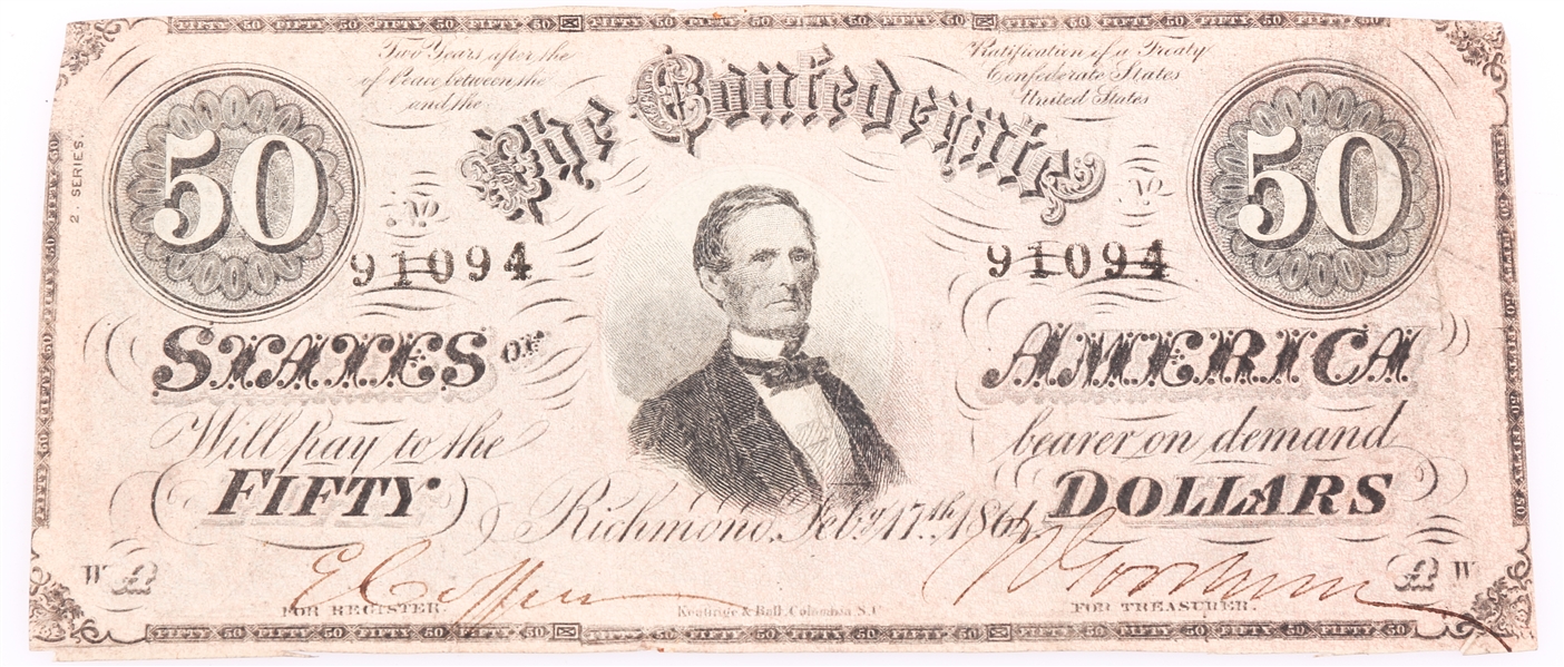 1864 $50 CONFEDERATE STATES OF AMERICA OBSOLETE BANKNOTE