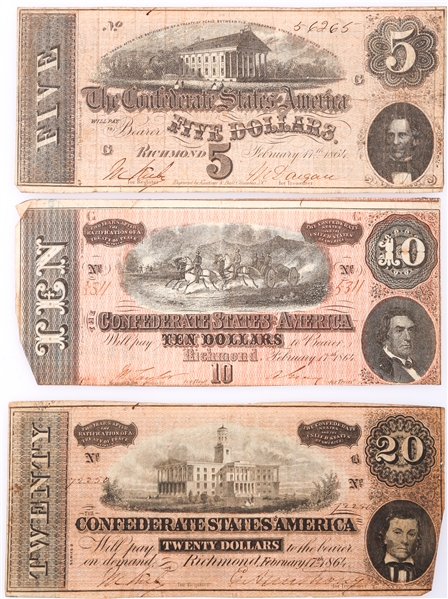 1864 CONFEDERATE STATES OBSOLETE NOTES $5, $10 & $20