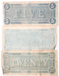 1864 CONFEDERATE STATES OBSOLETE NOTES $5, $10 & $20