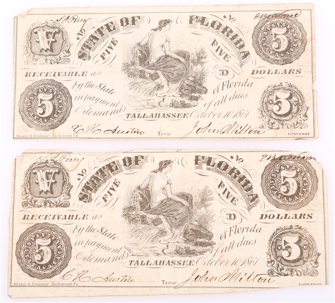 1861 $5 STATE OF FLORIDA TALLAHASSEE OBSOLETE BANKNOTES