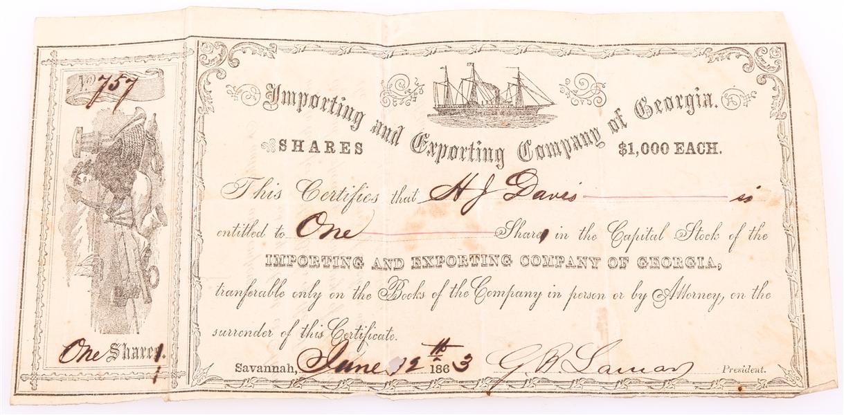 1863 STOCK CERTIFICATE IMPORTING & EXPORTING CO OF GA