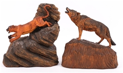 WOLF AND COUGAR WOOD CARVINGS BY HENRY LARUM 