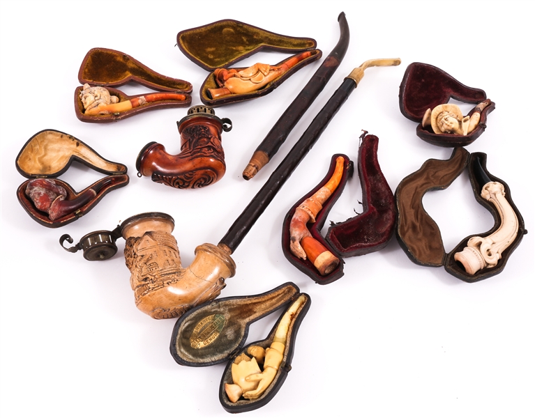CARVED WOOD & MEERSCHAUM TOBACCO PIPES LOT OF 9