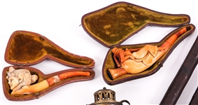 CARVED WOOD & MEERSCHAUM TOBACCO PIPES LOT OF 9