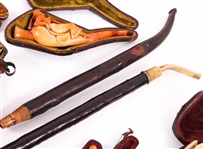 CARVED WOOD & MEERSCHAUM TOBACCO PIPES LOT OF 9