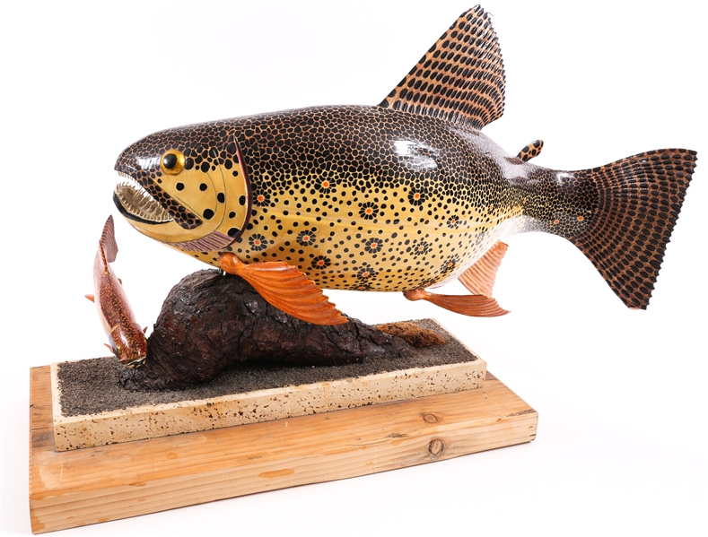 FOLK ART FISH WOOD CARVING ON STAND