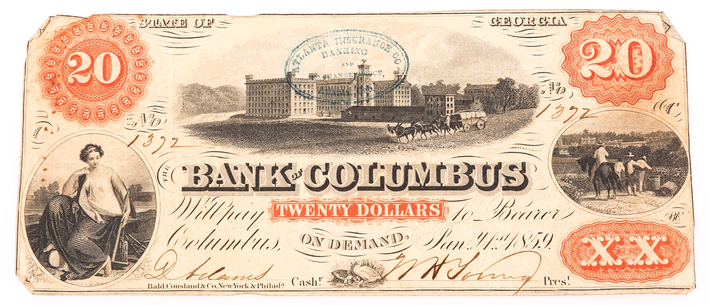 1859 $20 BANK OF COLUMBUS, GA OBSOLETE BANK NOTE
