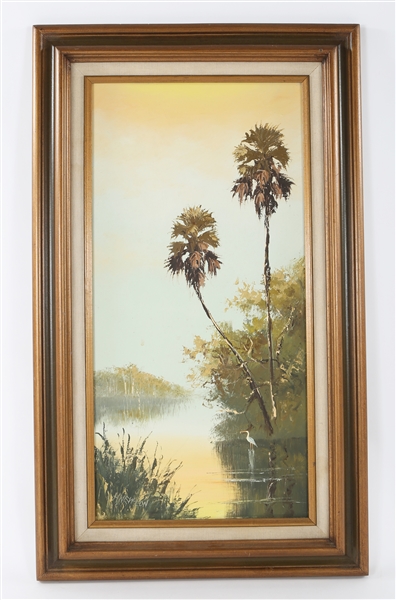 HAROLD NEWTON FLORIDA HIGHWAYMEN PAINTING - SUNSET RIVER SCENE W/ EGRET