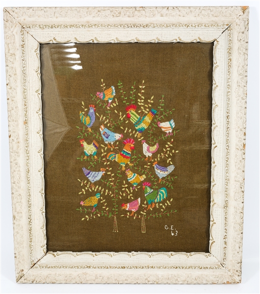 20TH C. FRAMED EMBROIDERY SAMPLE ON BURLAP