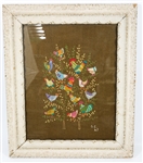 20TH C. FRAMED EMBROIDERY SAMPLE ON BURLAP