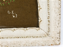20TH C. FRAMED EMBROIDERY SAMPLE ON BURLAP